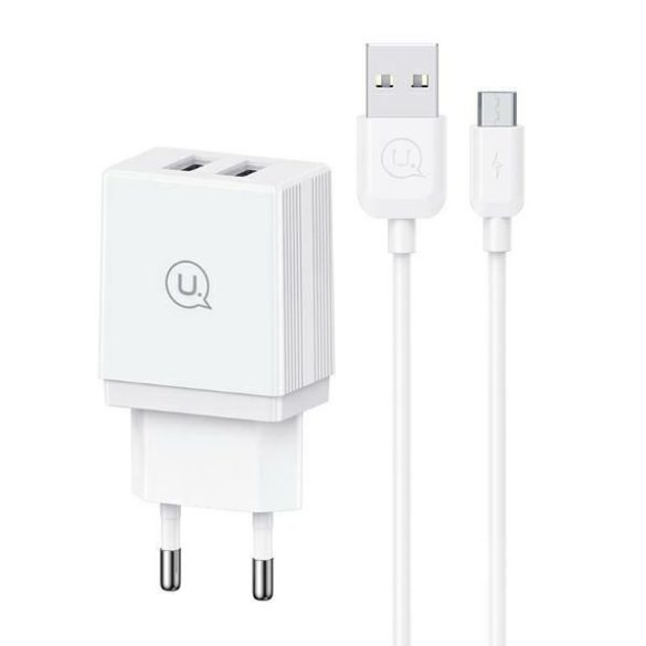 USAMS HCXLTZ02 HC Series hálózati töltő 2xUSB-A csatlakozással és USB-A - microUSB kábellel 18W - fehér