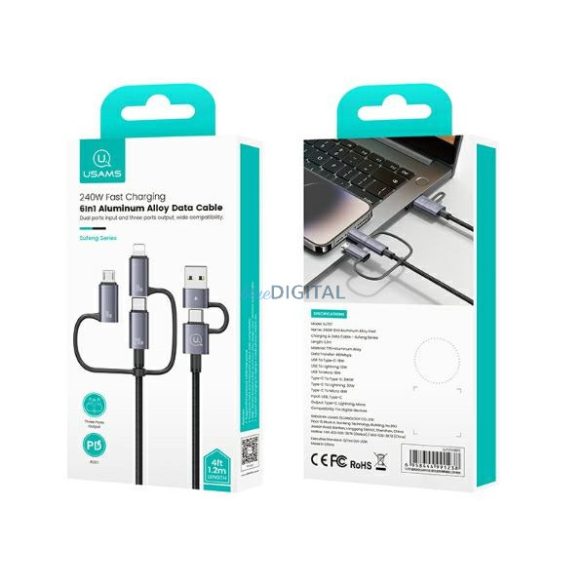 USAMS SJ738 Sufeng Series USB-A/Type-C - Type-C/Lightning/microUSB kábel 240W 2m - szürke