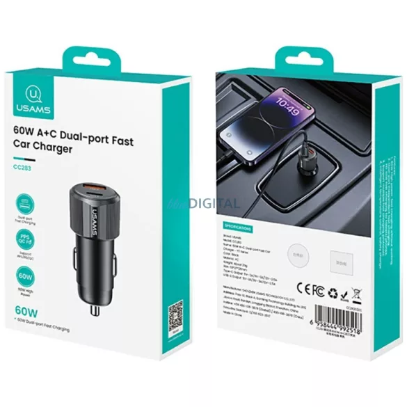 Autótöltő USAMS YT sorozat CC283 60W 1xUSB-A 1xUSB-C fekete