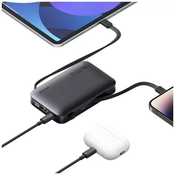USAMS CD228 XR Series powerbank beépített Type-C és Lightning kábellel 10000mAh 20W - fekete