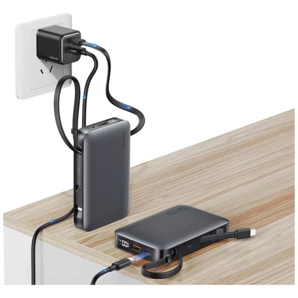 USAMS CD228 XR Series powerbank beépített Type-C és Lightning kábellel 10000mAh 20W - fekete