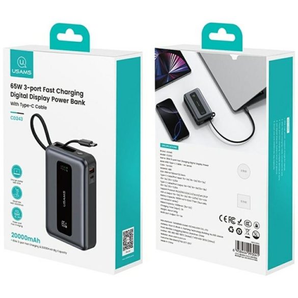 USAMS CD243 XH Series powerbank 20000mAh 65W - szürke