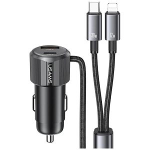 USAMS CC287 YT Series autós töltő 1xUSB-A és 1xUSB-C csatlakozással + rögzített Type-C és Lightning kábellel 66W - fekete