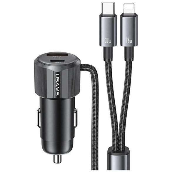 USAMS CC287 YT Series autós töltő 1xUSB-A és 1xUSB-C csatlakozással + rögzített Type-C és Lightning kábellel 66W - fekete