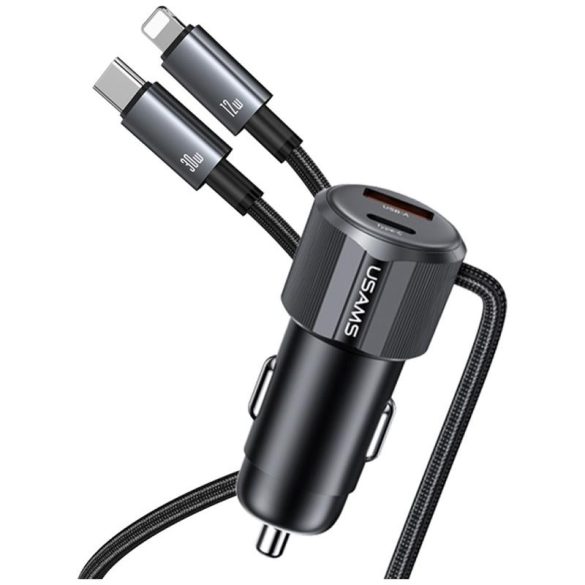 USAMS CC287 YT Series autós töltő 1xUSB-A és 1xUSB-C csatlakozással + rögzített Type-C és Lightning kábellel 66W - fekete