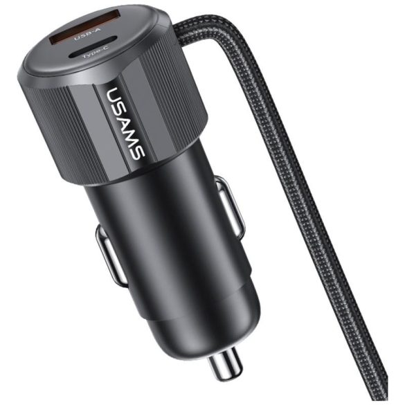 USAMS CC287 YT Series autós töltő 1xUSB-A és 1xUSB-C csatlakozással + rögzített Type-C és Lightning kábellel 66W - fekete