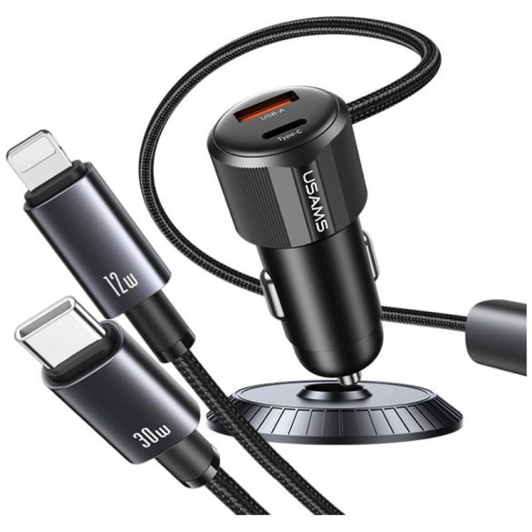 USAMS CC287 YT Series autós töltő 1xUSB-A és 1xUSB-C csatlakozással + rögzített Type-C és Lightning kábellel 66W - fekete