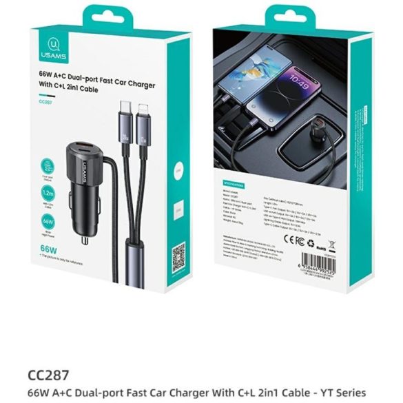 USAMS CC287 YT Series autós töltő 1xUSB-A és 1xUSB-C csatlakozással + rögzített Type-C és Lightning kábellel 66W - fekete