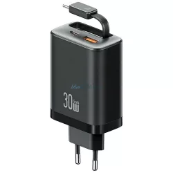  USAMS Xiang Series CC296 30W hálózati töltő 1xUSB-C 1xUSB-A + USB-C kábel - fekete