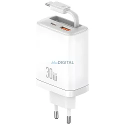   USAMS Xiang Series CC296 30W hálózati töltő 1xUSB-C 1xUSB-A + USB-C kábel - fehér