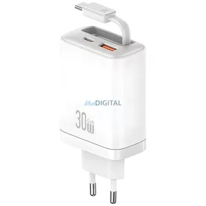 USAMS Xiang Series CC296 30W hálózati töltő 1xUSB-C 1xUSB-A + USB-C kábel - fehér
