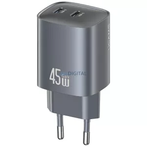 USAMS CC305 T66 45 W-os GaN fali töltő, 2xUSB-C csatlakozóval, matt kivitelben