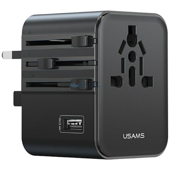 USAMS CC308 US/AU/EU/UK utazó adapter 1xUSB-A és 2xUSB-C csatlakozással 17W - fekete