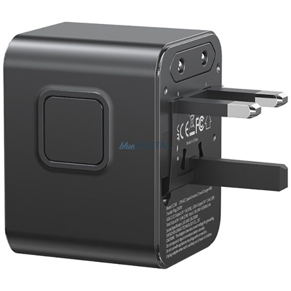 USAMS CC308 US/AU/EU/UK utazó adapter 1xUSB-A és 2xUSB-C csatlakozással 17W - fekete