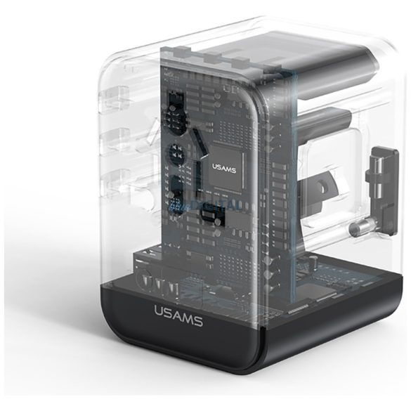 USAMS CC308 US/AU/EU/UK utazó adapter 1xUSB-A és 2xUSB-C csatlakozással 17W - fekete