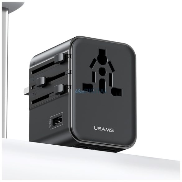 USAMS CC308 US/AU/EU/UK utazó adapter 1xUSB-A és 2xUSB-C csatlakozással 17W - fekete