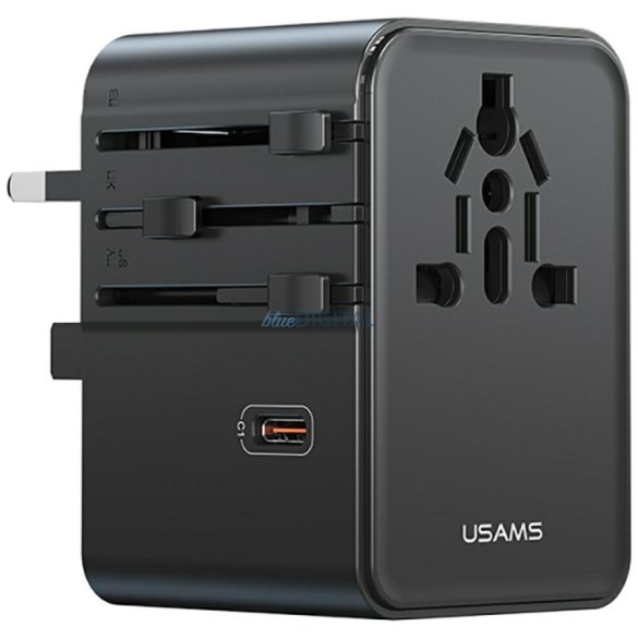 USAMS CC310 US/AU/EU/UK utazó adapter 2xUSB-A és 3xUSB-C csatlakozással 70W - fekete