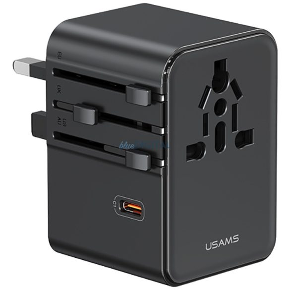 USAMS CC310 US/AU/EU/UK utazó adapter 2xUSB-A és 3xUSB-C csatlakozással 70W - fekete