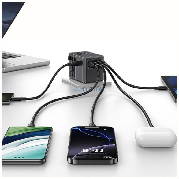USAMS CC310 US/AU/EU/UK utazó adapter 2xUSB-A és 3xUSB-C csatlakozással 70W - fekete