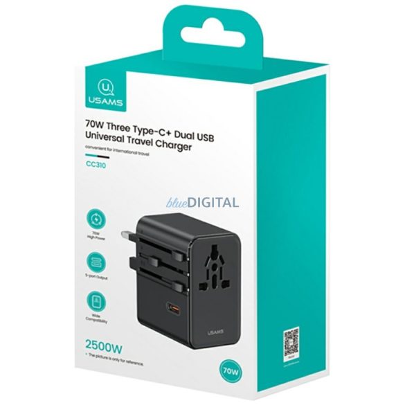 USAMS CC310 US/AU/EU/UK utazó adapter 2xUSB-A és 3xUSB-C csatlakozással 70W - fekete