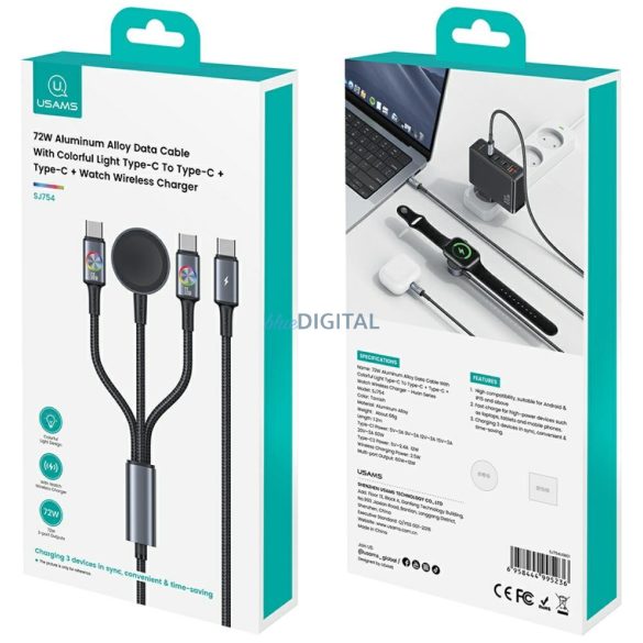Kábel USAMS Huan sorozat SJ754 72W USB-C USB-C + USB-C + USB-C + vezeték nélküli óra töltő