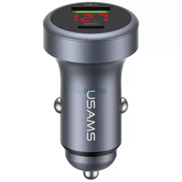 USAMS CC327 alumínium autós töltő 45W USB-A USB-C - acélszürke
