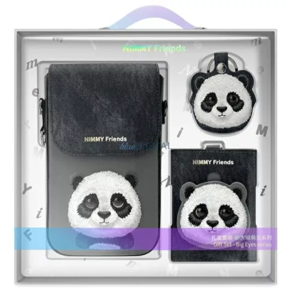 Nimmy 3 az 1-ben szett: telefonhuzat + pénztárcával + nyomkövető tok, fekete, Big Eyed Pet 2.0 Panda