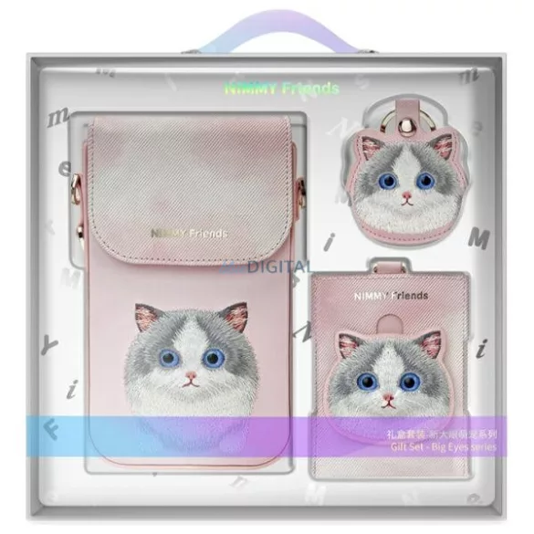Nimmy 3 az 1-ben szett: telefonhuzat + pénztárcával + nyomkövető tok, rózsaszín, Big Eyed Pet 2.0 Macska