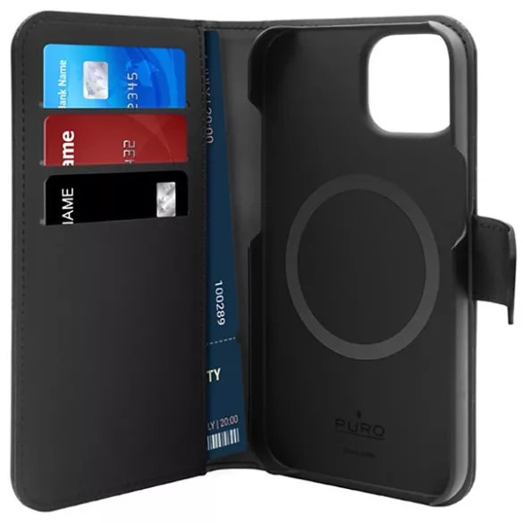 Puro levehető pénztárcával iPhone 14 Pro 6,1" 2w1 MagSafe fekete PUIPC14P61BKMAG1BLK tok