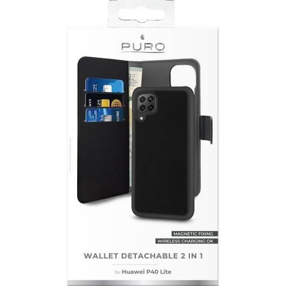 Puro Wallet Detachable Huawei P40 Lite 2 az 1-ben fekete könyvtok + hátlap
