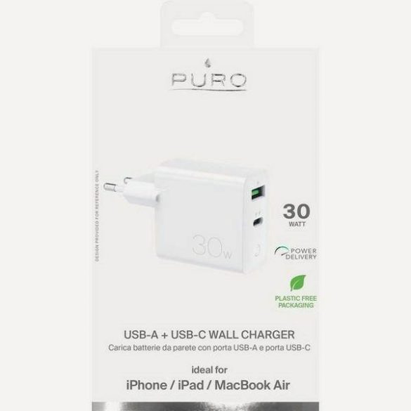 Puro Mini utazó gyorstöltő 1xUSB + 1xUSB-C 30W fehér