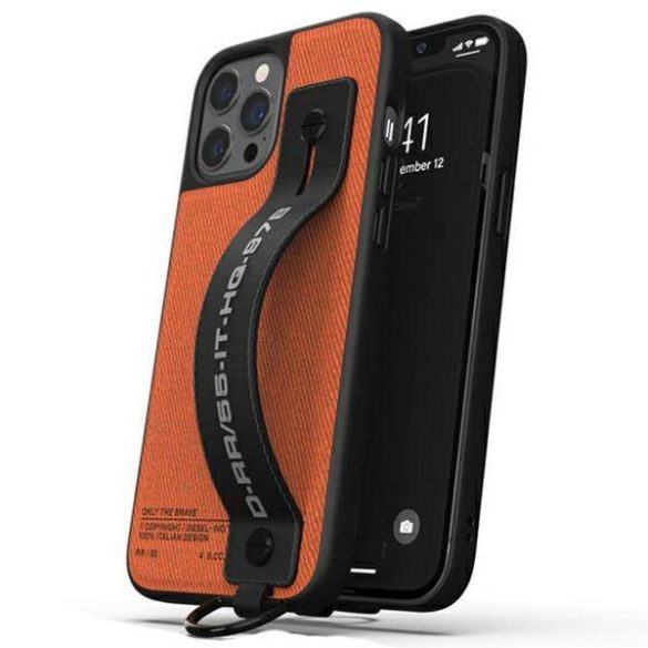 Diesel Handstrap Case Utility Twill iPhone 12/12 Pro fekete/narancssárga tok pánttal