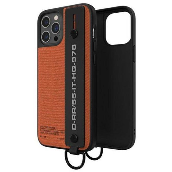 Diesel Handstrap Case Utility Twill iPhone 12/12 Pro fekete/narancssárga tok pánttal