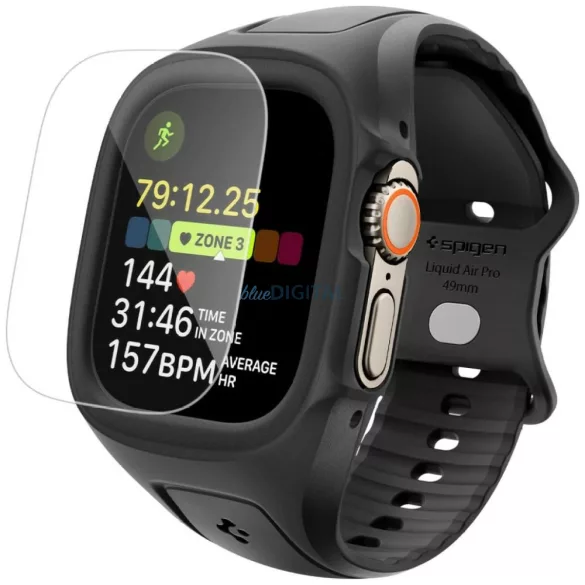 Spigen Liquid Air szíj + edzett üveg Apple Watch Ultra 1 / 2 / 3 (49mm) - fekete