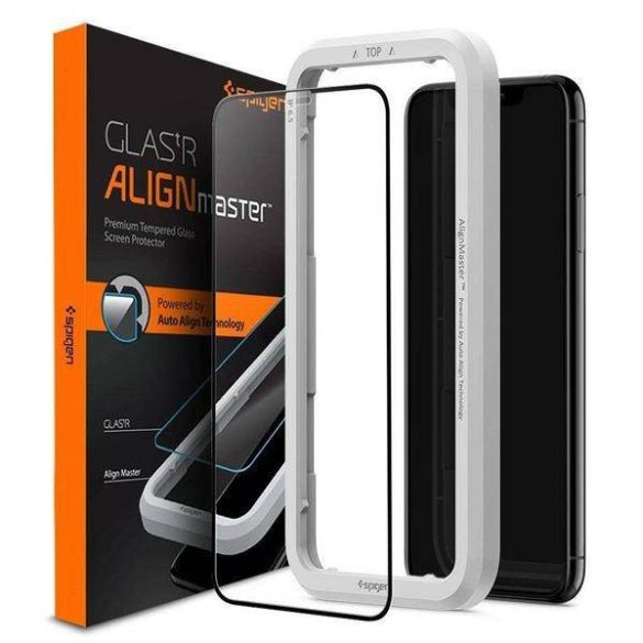 Spigen Alm Glass FC iPhone 11 Edzett üveg fekete teljes képernyős kijelzővédő fólia szerelőkerettel