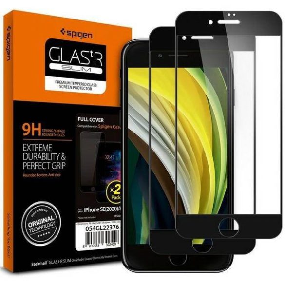 Spigen Glass FC iPhone 7/8/SE 2020/2022 2db szerelőkeret + edzett üveg fekete kijelzővédő fólia
