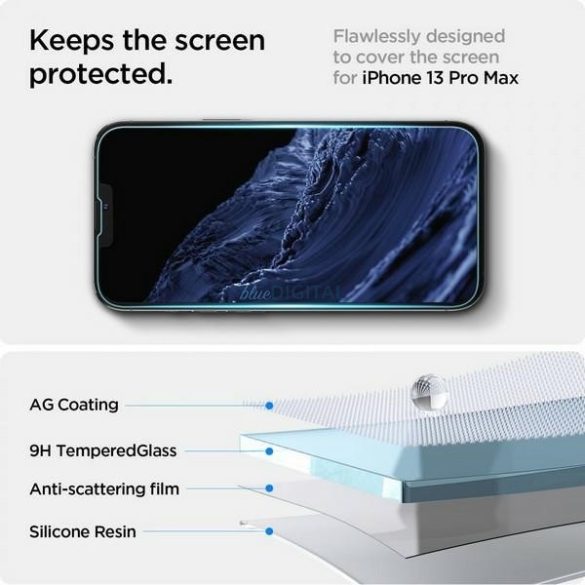 Spigen GLAS.tR EZ Fit edzett üveg felhelyezést segítő kerettel iPhone 13/13 Pro/14/16e - 2 db