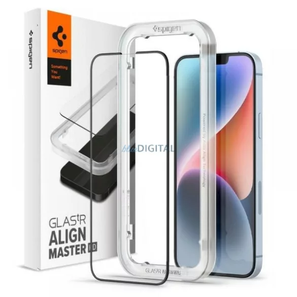 Spigen Alm Glass FC iPhone 14/13 Pro/13 Edzett üveg fekete kijelzővédő fólia szerelőkerettel