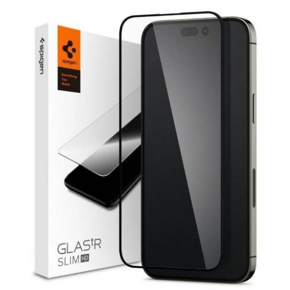 Spigen Glass FC iPhone 14 Pro szerelőkeret + edzett üveg fekete kijelzővédő fólia