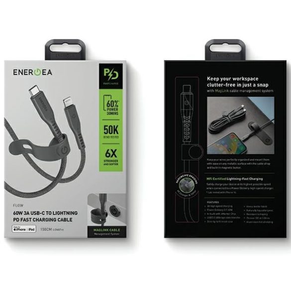 ENERGEA kabel Flow USB-C - Lightning C94 MFI 1,5m fekete 60W 3A PD gyorstöltés