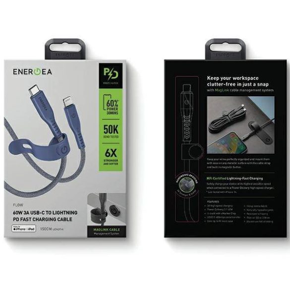 ENERGEA kabel Flow USB-C - Lightning C94 MFI 1.5m kék 60W 3A PD gyorstöltés