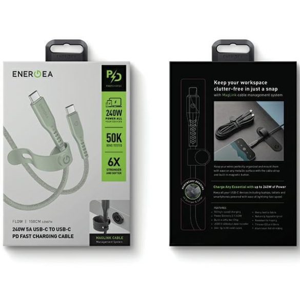 ENERGEA kabel Flow USB-C - USB-C 1.5m zöld 240W 5A PD Fast Charge