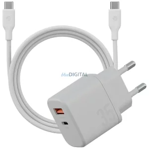 Energea Bazic Goport Velox Kit GaN hálózati töltő 1x USB-C 1x USB-A 35W kábellel - fehér