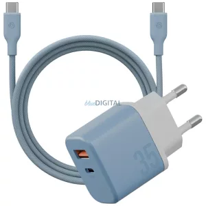 Energea Bazic Goport Velox Kit GaN hálózati töltő 1x USB-C 1x USB-A 35W kábellel - kék