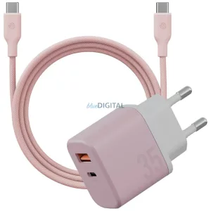 Energea Bazic Goport Velox Kit GaN hálózati töltő 1x USB-C 1x USB-A 35W kábellel - rózsaszín
