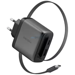   Wall charger Energea Ampcharge Arc 65 USB-A/USB-C + retractable USB-C cable PD/PPS/QC3.0 GaN gunmeta