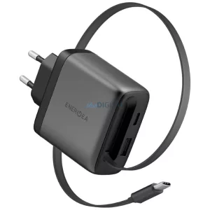 Energea Ampcharge Arc 65 GaN hálózati töltő USB-A/USB-C + behúzható USB-C kábel PD/PPS/QC3.0 - gunmetal