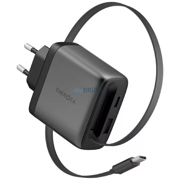 Wall charger Energea Ampcharge Arc 65 USB-A/USB-C + retractable USB-C cable PD/PPS/QC3.0 GaN gunmeta