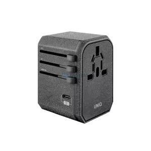 UNIQ Voyage világszerte használható töltőadapter 33 W + 2xUSB + PD 18 W + QC 3.0, szénszürke (LITHOS kollekció)
