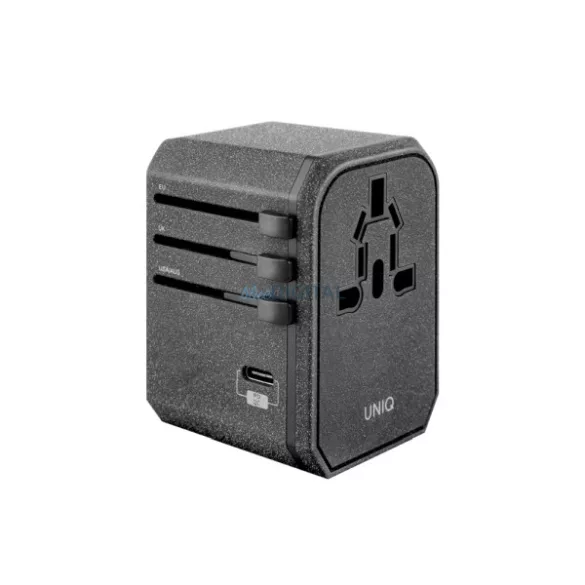 UNIQ Voyage világszerte használható töltőadapter 33 W + 2xUSB + PD 18 W + QC 3.0, szénszürke (LITHOS kollekció)
